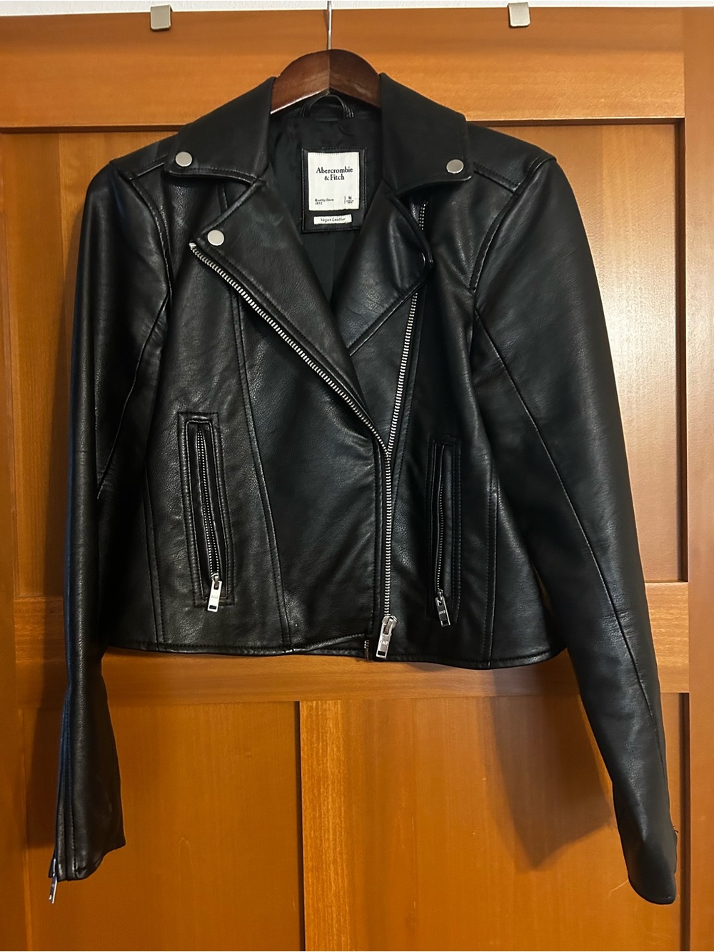 Abercrombie & Fitch Black Faux Leather Moto Jacket with Silver Hardware